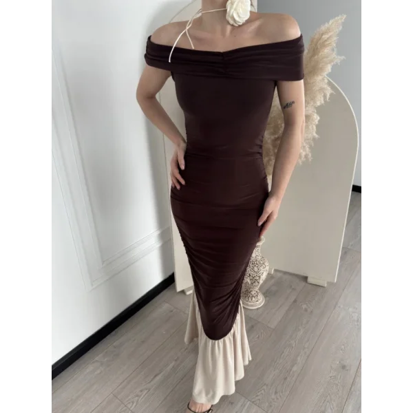 triptiz Omuzlu Uzun Elbise Kahve