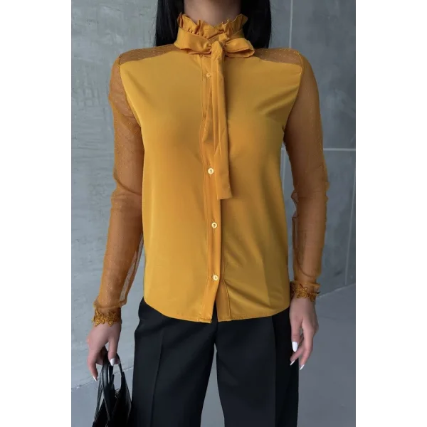 Tül Detay Yaka Bağlamali Gömlek