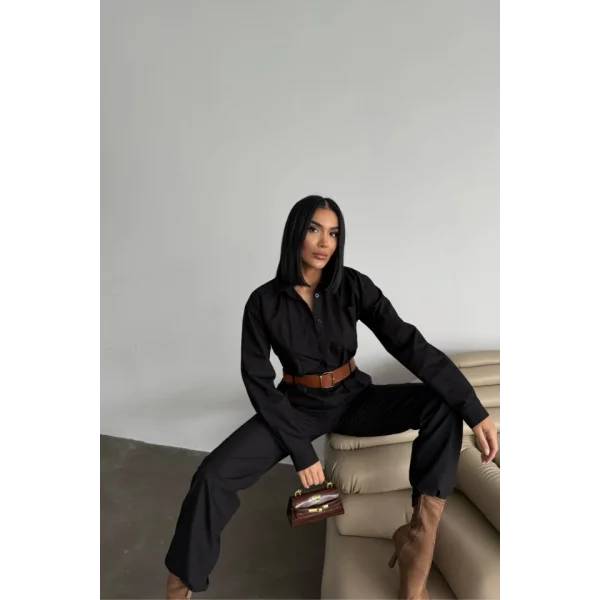 TULUM KEMERLİ GÖMLEK YAKA UZUN KOL POPLİN KUMAŞ - Siyah