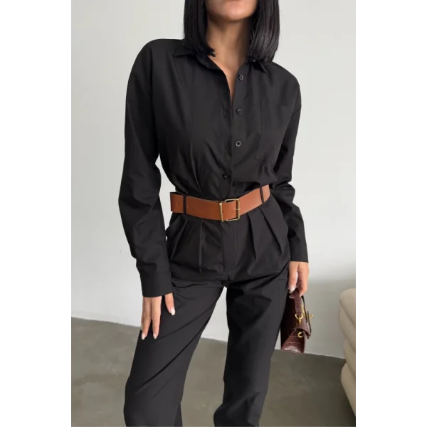 TULUM KEMERLİ GÖMLEK YAKA UZUN KOL POPLİN KUMAŞ - Siyah