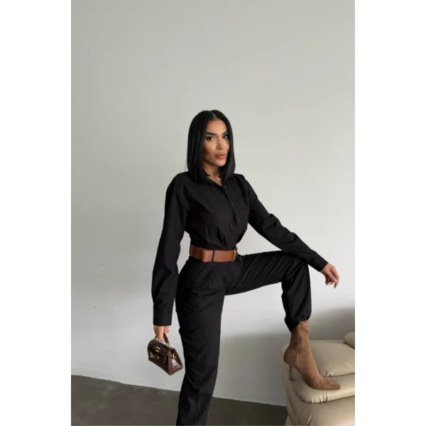 TULUM KEMERLİ GÖMLEK YAKA UZUN KOL POPLİN KUMAŞ - Siyah