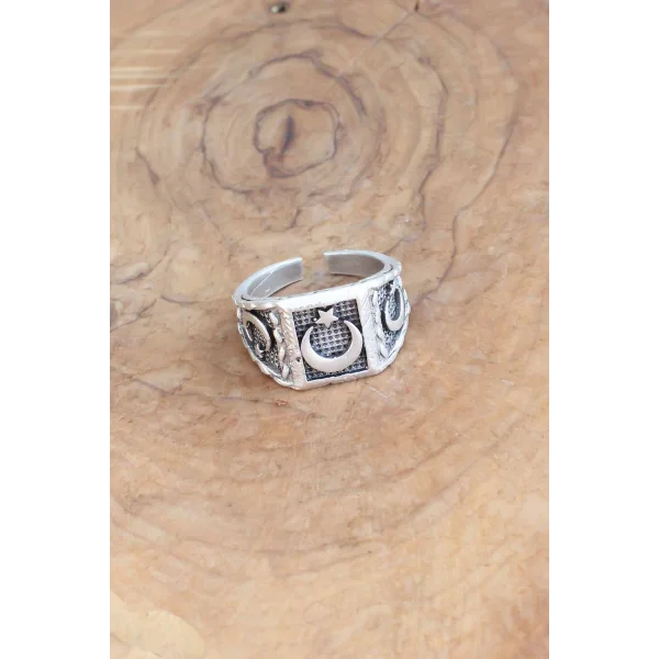 Türk Bayrağı Desenli Gümüş Renk Ayarlanabilir Erkek Yüzük