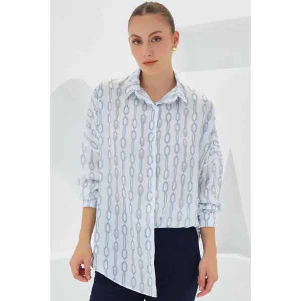Turkuaz Beyaz Desenli Oversize Saten Gömlek 3985