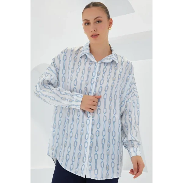 Turkuaz Beyaz Desenli Oversize Saten Gömlek 3985