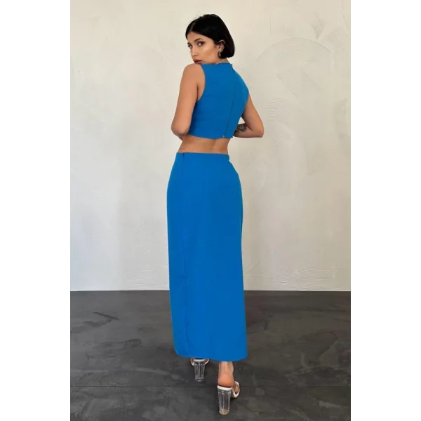 Turkuaz Kuşaklı Crop Ve Etek Takım