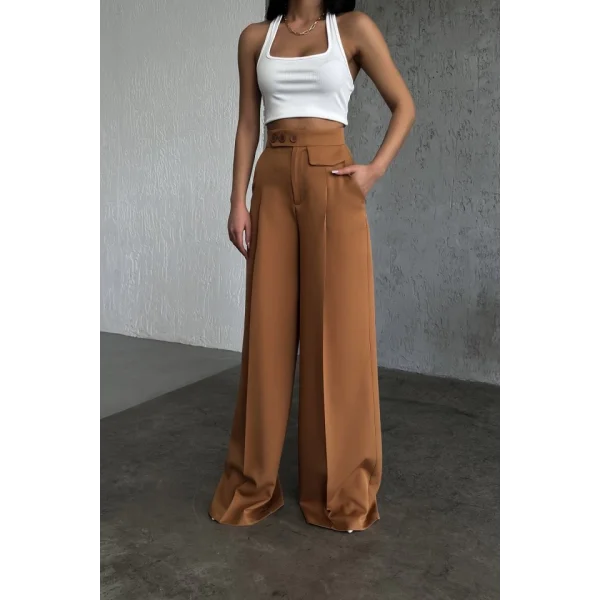 Üç Düğme Detayli Palazzo Pantolon