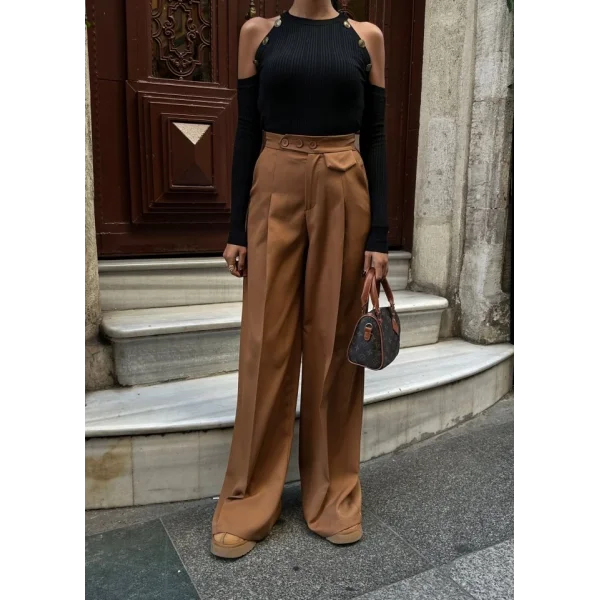 Üç Düğme Detayli Palazzo Pantolon