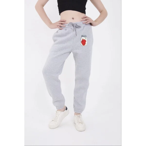 Üç İplik astikli Baskılı Eşofman Pantolon  Gri