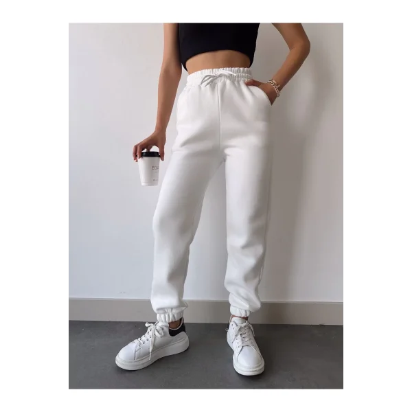 Üç İplik Basic Lastikli Eşofman Pantolon - Beyaz