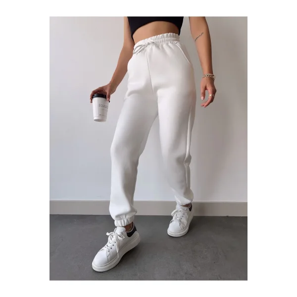 Üç İplik Basic Lastikli Eşofman Pantolon - Beyaz