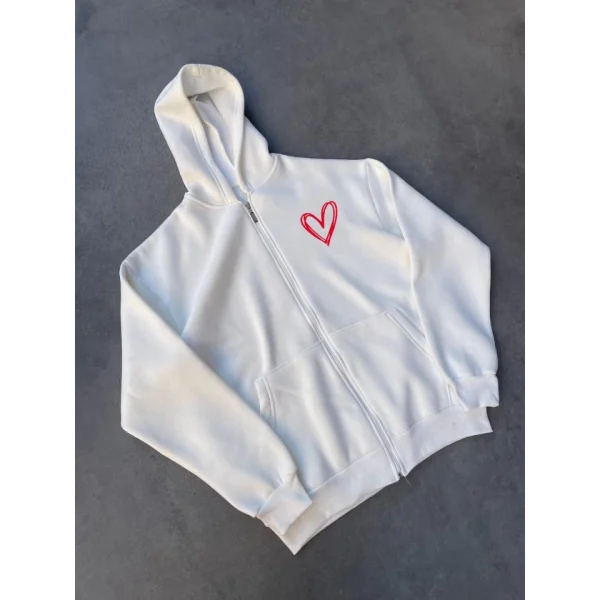 Üç İplik Baskılı Fermuarlı Kapşonlu Hırka  Beyaz