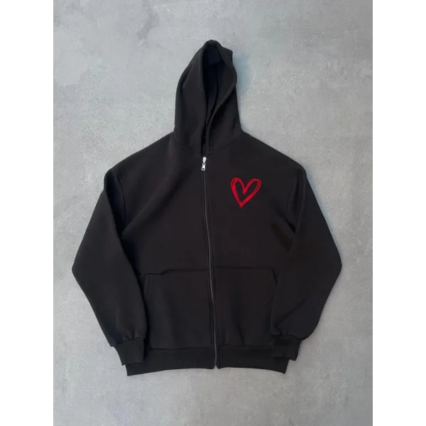 Üç İplik Baskılı Fermuarlı Kapşonlu Hırka  iyah