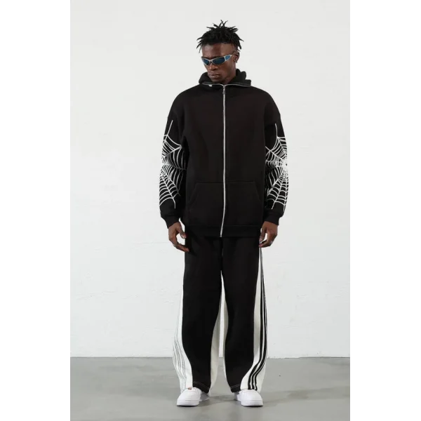 Üç İplik Baskılı Fermuarlı Kapşonlu Hırka - Siyah