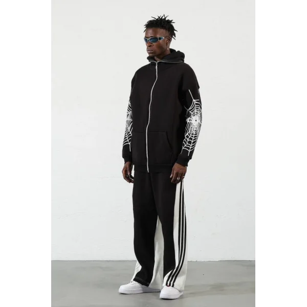 Üç İplik Baskılı Fermuarlı Kapşonlu Hırka - Siyah