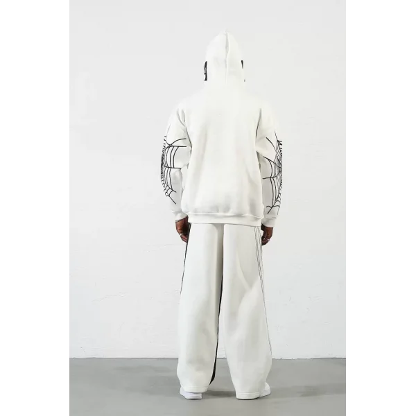 Üç İplik Baskılı Fermuarlı Kapüşonlu Hırka - Beyaz