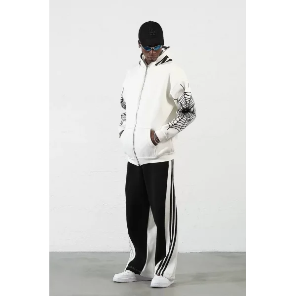 Üç İplik Baskılı Fermuarlı Kapüşonlu Hırka - Beyaz