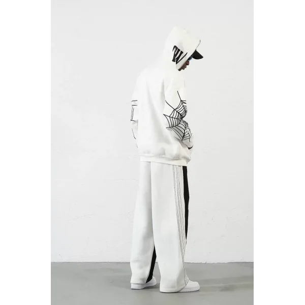 Üç İplik Baskılı Fermuarlı Kapüşonlu Hırka - Beyaz