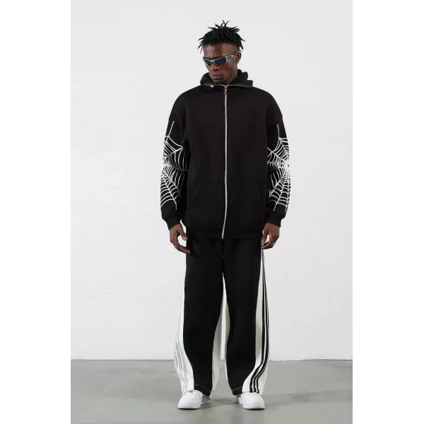 Üç İplik Baskılı Fermuarlı Kapüşonlu Hırka - Siyah