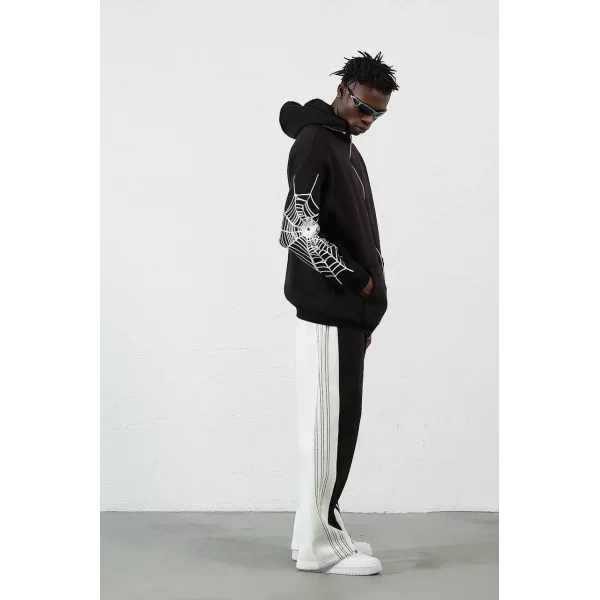 Üç İplik Baskılı Fermuarlı Kapüşonlu Hırka - Siyah