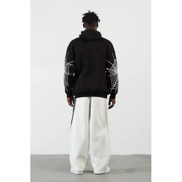 Üç İplik Baskılı Fermuarlı Kapüşonlu Hırka - Siyah