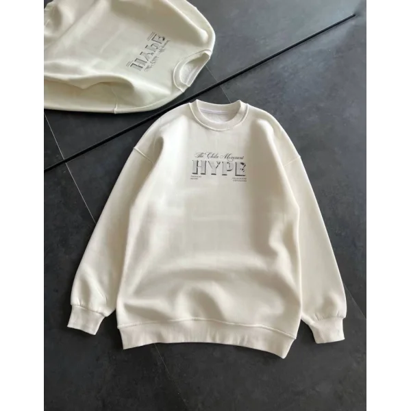 Üç İplik Bisiklet Yaka Baskılı weathirt  Beyaz