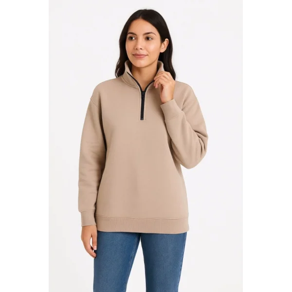 Üç İplik Dık Yaka Yarım Fermuarlı SweatShirt - Bej