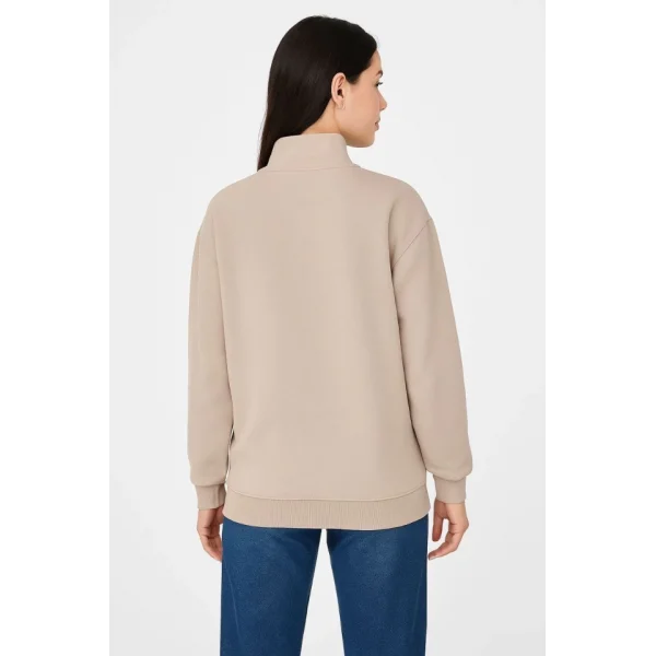 Üç İplik Dık Yaka Yarım Fermuarlı SweatShirt - Bej