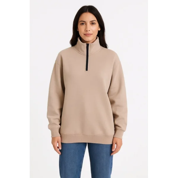 Üç İplik Dık Yaka Yarım Fermuarlı SweatShirt - Bej
