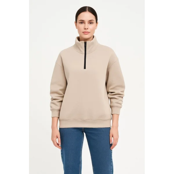 Üç İplik Dık Yaka Yarım Fermuarlı SweatShirt - Bej
