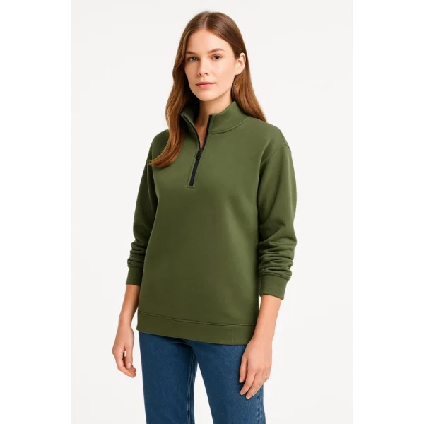 Üç İplik Dık Yaka Yarım Fermuarlı SweatShirt - Haki