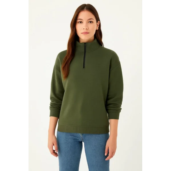 Üç İplik Dık Yaka Yarım Fermuarlı SweatShirt - Haki