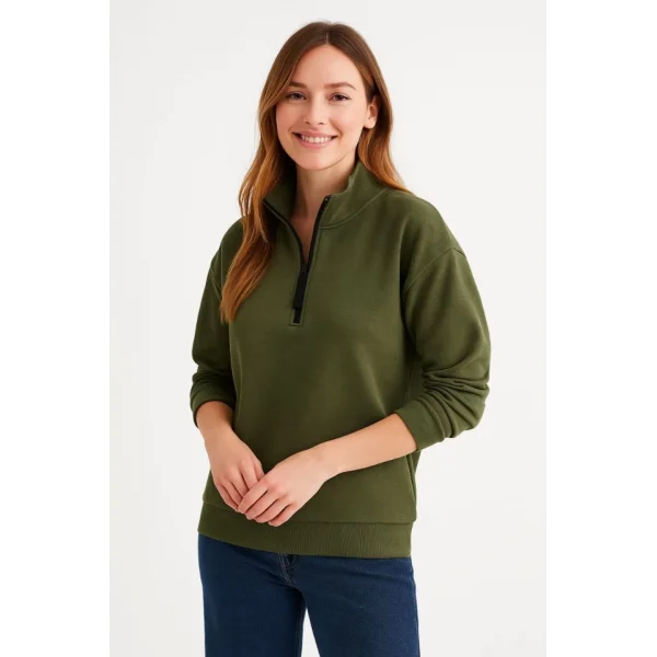 Üç İplik Dık Yaka Yarım Fermuarlı SweatShirt - Haki