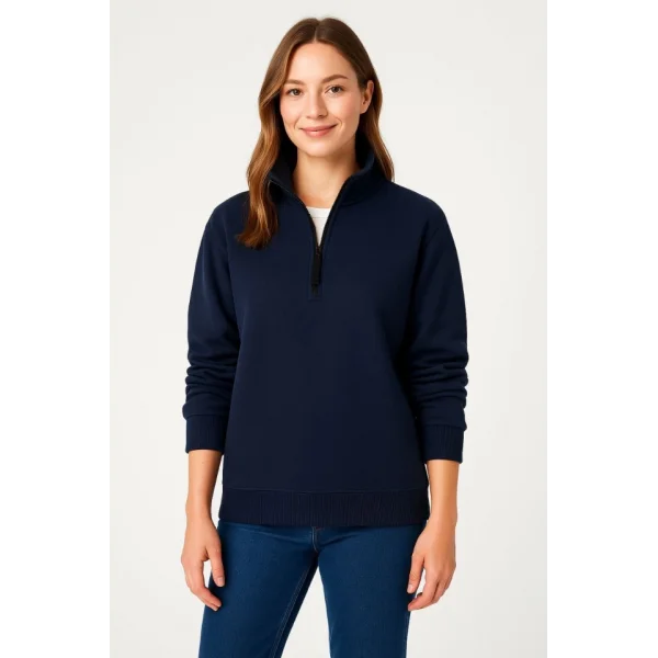 Üç İplik Dık Yaka Yarım Fermuarlı SweatShirt - Lacivert