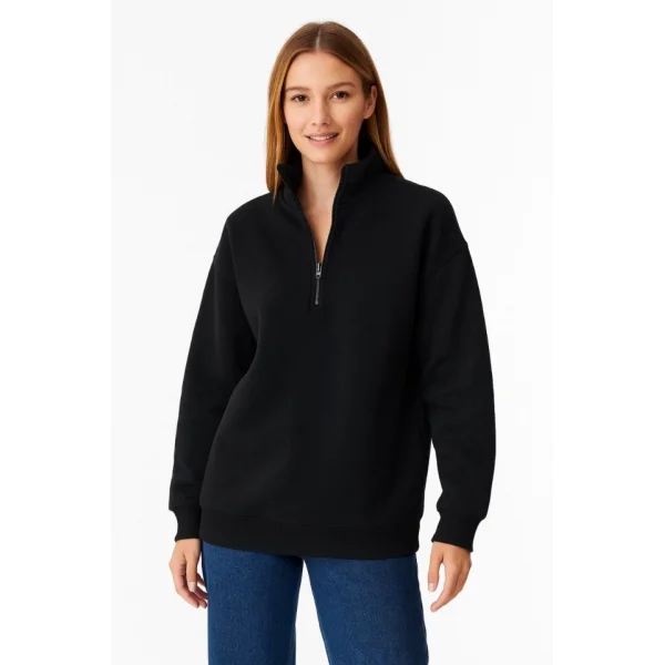 Üç İplik Dık Yaka Yarım Fermuarlı SweatShirt - Siyah