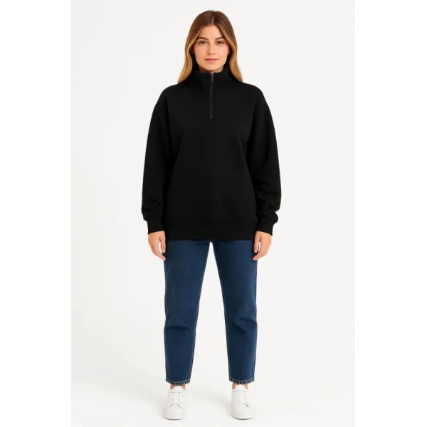 Üç İplik Dık Yaka Yarım Fermuarlı SweatShirt - Siyah