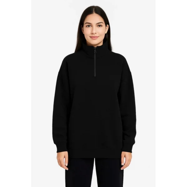 Üç İplik Dık Yaka Yarım Fermuarlı SweatShirt - Siyah