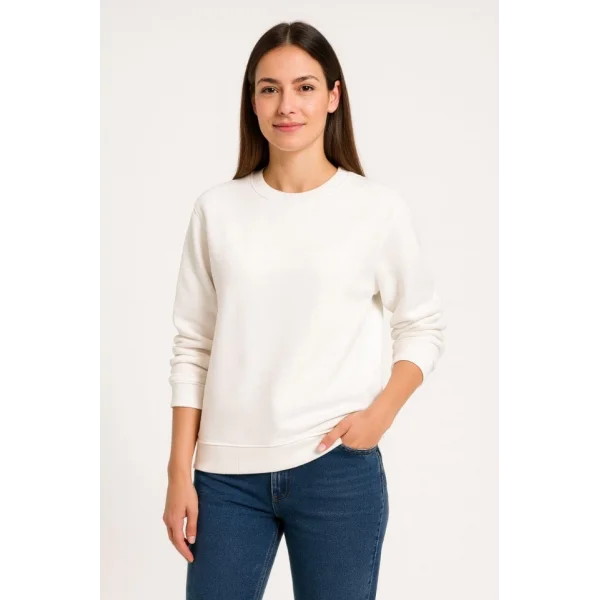 Üç İplik Düz Bisiklet Yaka SweatShirt - Beyaz