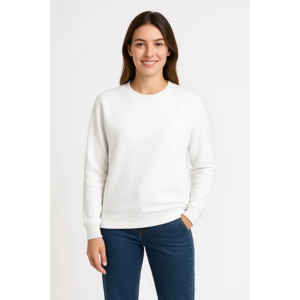 Üç İplik Düz Bisiklet Yaka SweatShirt - Beyaz