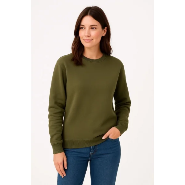 Üç İplik Düz Bisiklet Yaka SweatShirt - Haki