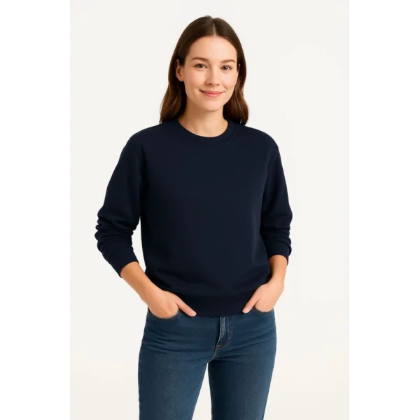 Üç İplik Düz Bisiklet Yaka SweatShirt - Lacivert