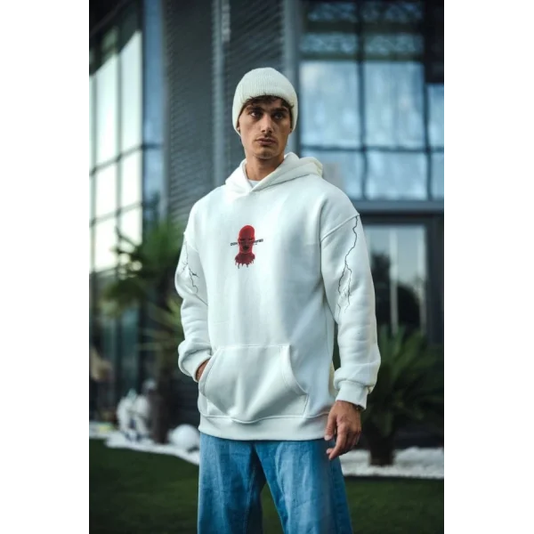 Üç İplik Kapşonlu Baskılı Oversize SweatShirt- Beyaz