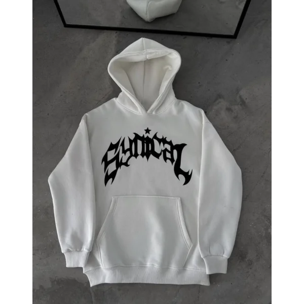 Üç İplik Kapşonlu Baskılı Oversize weathirt  Beyaz