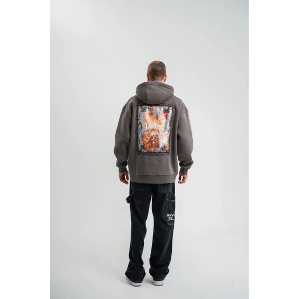 Üç İplik Kapşonlu Dijital Patchli SweatShirt - Füme