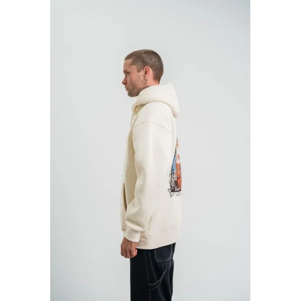 Üç İplik Kapşonlu Dijital Patchli SweatShirt - Krem