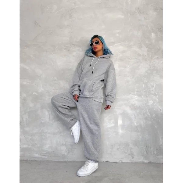 Üç İplik Kapşonlu Eşofman Takım  Gri
