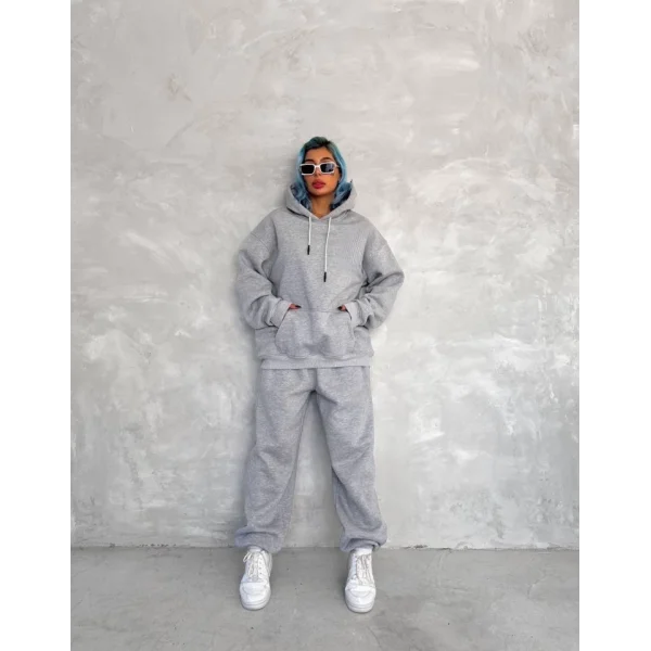 Üç İplik Kapşonlu Eşofman Takım  Gri