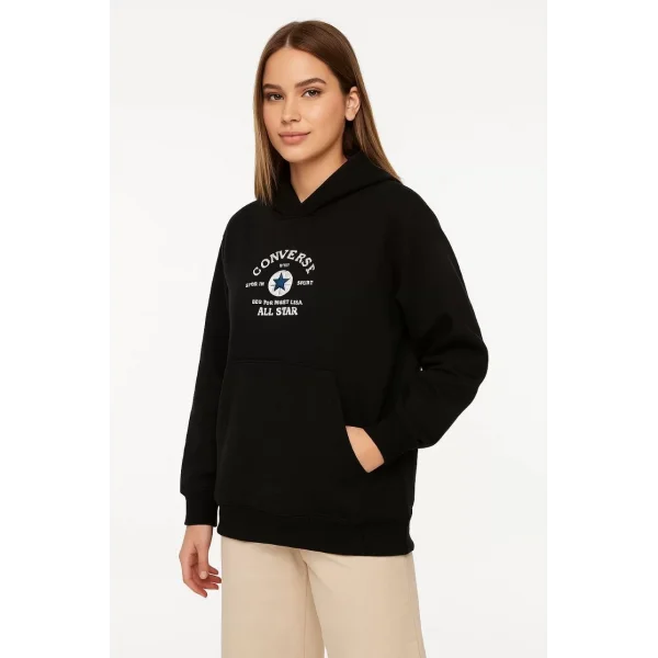 Kadın Kapşonlu Sweatshirt – Üç İplik Şardonlu Kumaş, Oversize Fit, Ön & Arka Baskılı, Kanguru Cepli, Kışlık Rahat Hoodie- Siyah