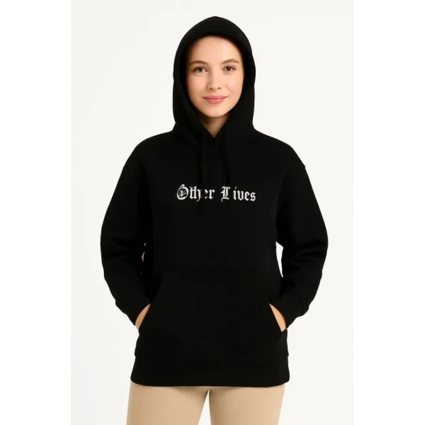 Üç İplik Kapşonlu ön Ve Arka Baskılı SweatShirt Hoodie- Siyah