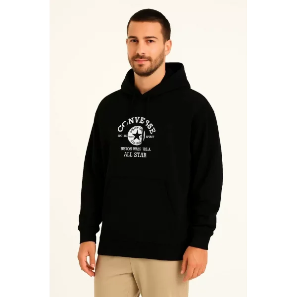 Erkek Kapşonlu Sweatshirt – Üç İplik Şardonlu Kumaş, Oversize Fit, Ön & Arka Baskılı, Kanguru Cepli, Kışlık Rahat Hoodie- Siyah