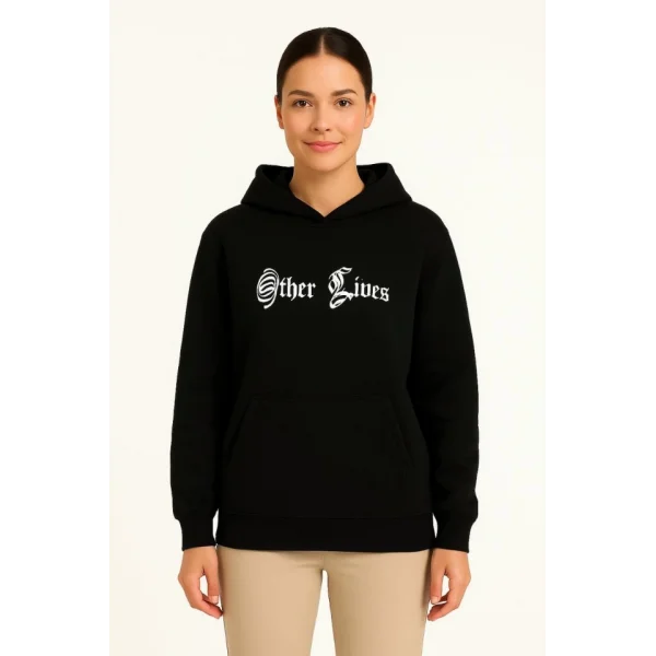 Üç İplik Kapşonlu ön Ve Arka Baskılı SweatShirt Hoodie- Siyah